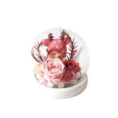 China Natural Fresh Rose With Stem Natural Deer Ornaments Eternal Rose Preserved Flower In Glass Dome For Home Decoration Preserved Hydrangea for sale