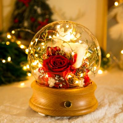 China Natural Fresh Rose With Night Light Natural Light Crystal Ball Preserved Flower In Dome Mini Bluetooth Music Speaker With Glass Gift Box for sale