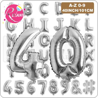 China Promotional Toy 40 Inch Large Aluminum Foil 0-9 A-Z Number Balloon Birthday Festival Wedding Party Decoration Toy Balloon Silver Globos for sale