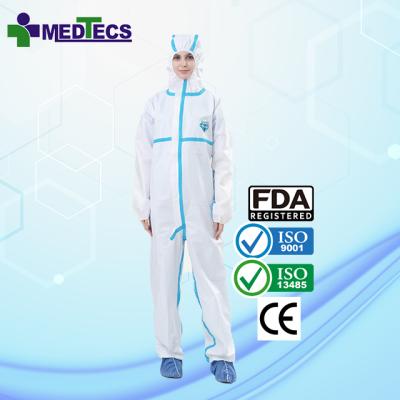 China Waterproof White Coveralls PPE Medical Protective Clothing 63 Gsm Disposable Coverall Type 4 5 6 EN14126 for sale