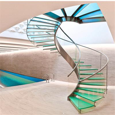 China New Modern Interior Solid Wood Staircase Designs Curved Stringer Glass Stairs for sale