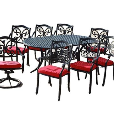 China All Weather Resistant UV Resistant Waterproof Patio Outdoor Furniture Cast Aluminum 9 Piece Dining Sets With Long Table for sale