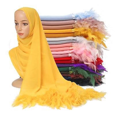 China Faux Stone/Solid/Thick/Pearl Chiffon Customized Fashion Travel Fancy Feather Chiffon Outdoor Hijab Scarf For Women for sale