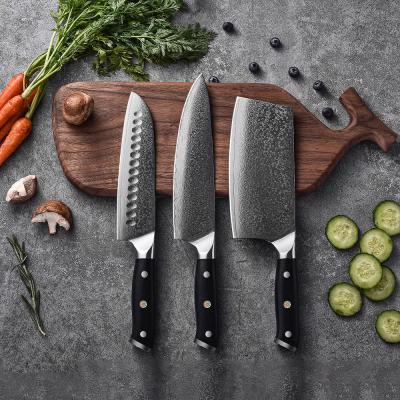 China Durable 67 Layers Damascus G10 Steel Blade Handle 3PCS Chef Knife Santoku Cleaver Knife With Gift Box for sale