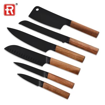 China RUITAI viable hot sales wood handle knife set wholesale 6 pcs chaku kitchen knife black coating set for sale