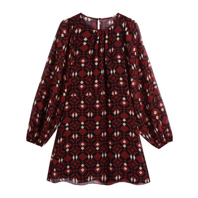 China Washable Geometric Print Crew Neck Long Sleeve Women Elegant Casual Dresses for sale