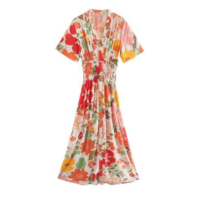 China Women's Washable Short Elastic Waist Floral Print Sleeve Collar Maxi Maxi Dresses for sale