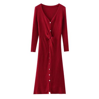 China Breathable Burgundy Color V Neck Long Sleeve Front Pleated Button Up Casual Elegant Women Sweater Dresses for sale