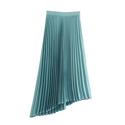 China Breathable Asymmetry Design Green Color Pleated Womens Fashion Casual Long Skirts for sale