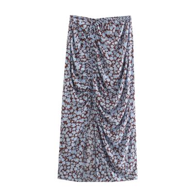 China Breathable Floral Print Side Split Pleated Women Fashion Long Casual Skirts for sale