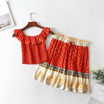 China High Fashion 2 Colors Women Rayon Mini Skirt Suits Sets Breathable Floral Wholesale Boho Crop Top Clothing for sale