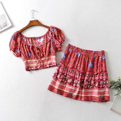 China Wholesale Breathable Rayon Boho Women Floral Print Mini Skirt Suits Slash Neck Off The Shoulder Crop Top Sets for sale