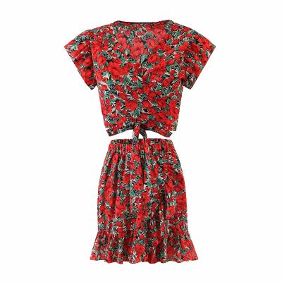 China Breathable Fashion Red Color Short Sleeve Lace Floral Print Women Fashion Sets 2021 New Design Women Casual Sets for sale