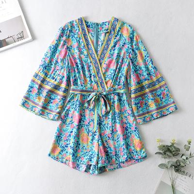 China Women Breathable Rayon Flare Sleeve V Neck Floral Print Summer Playsuit Bohemian Jumpsuits for sale