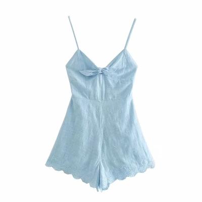 China Bow Tie Women Summer Cotton Floral Embroidered One Piece Overalls Breathable Light Blue Color Cute Design for sale