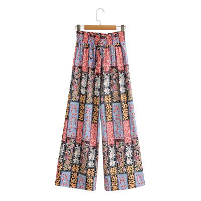 China Multi Color Drawstring Waist Floral Printing Fashion Wide Leg Women's Breathable Pants And Trousers for sale