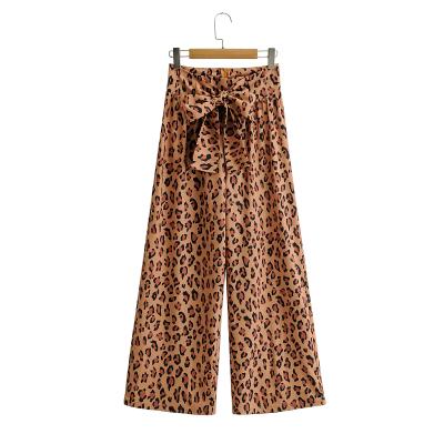 China Breathable Leopard Print Bow Zipper Fly Front Women Fashion Pants And Casual Wide Leg Pants for sale