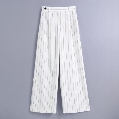 China Breathable White Color Striped Printing Wide Leg Women Fashion Pants 2021 New Design Women Casual Trousers for sale