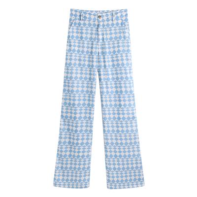 China Breathable Blue Color Plaid Print Women Fashion Pants 2021 New Design Women Casual Pants for sale