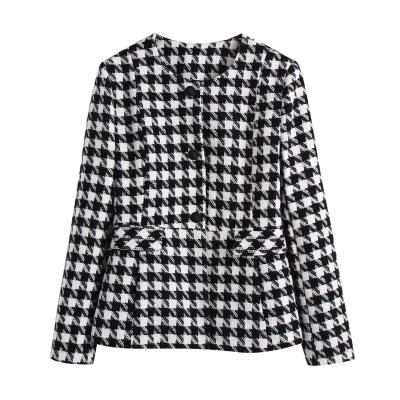 China Breathable Black And White Color Single Breasted Women Crew Neck Long Sleeve Fashion Casual Plaid Blazer for sale