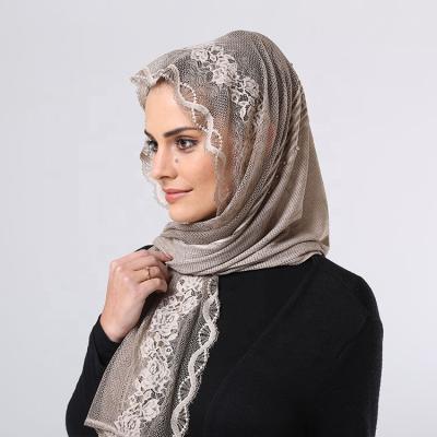 China Hot Selling Lace Fabric Summer Hijab Wavy Soft Muslim Ladies Simple Wave Lace Polyester Scarf With Beads for sale