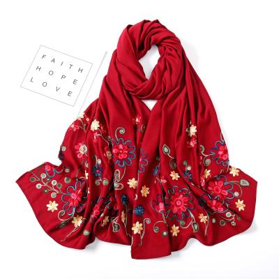 China Soft Vintage Boutique Embroidery Muslim Scarf Women's Characteristic Satin Embroidery Scarf for sale