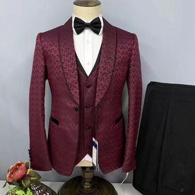 China Breathable Men Suits For Wedding Groomsmen Shawl Collar Tuxedos Burgundy Banquet Prom Homme Jacquard Suit 3PCS (Jacket+Pants+Vest) for sale