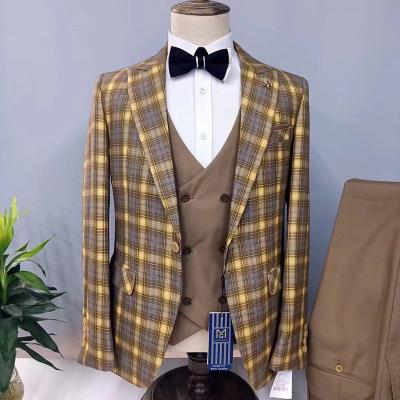 China Men's Breathable Plaid Suits Business Plaid Houndstooth Design 3 Piece Shawl Lapel Tweed Prom Suit For Wedding Groomsmen (Blazer+Vest+Pants) for sale