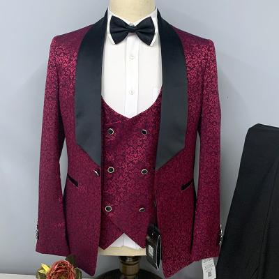 China Breathable Jacquard Men Suits Shawl Lapel Jacket Black White Vest Pants Trajes Para Hombre Groom Suit For Wedding 2022 for sale