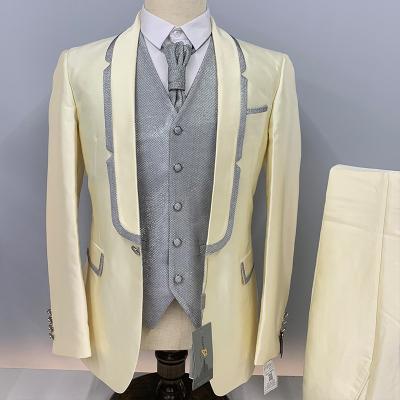 China (Jacket+pants+vest) 2022 Breathable Gray Champagne Edge Lapel Men Suits Formal Tuxedo For Groom Slim Fit Wedding Party Wear Suits for sale