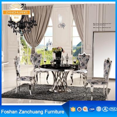 China Super Comfortable Black Marble Stainless Steel Artificial Round Dining Table 6 Chairs Set for sale