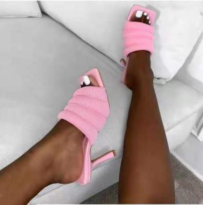 China Sexy Elegant Thin Sandal Women Shoes Rome Satin Heels Open Square Pump Summer Pink Casual Breathable Toe Slippers NEW for sale