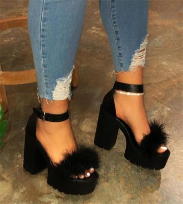 China Pums Platform Summer Woman Sandal High Heel Waterproof Hairy Thick Fur Female Ankle Strap Wedge Shoe for sale