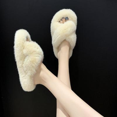 China Faux Furry Flat Fashion Trend Crossover For Women Bedroom Cheap Fluffy Bedroom Slipper Slide Women's Fur Slippers Wholesale for sale