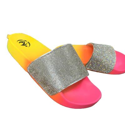 China Fashion Trend Rhinestone Rainbow Sandals Women Diamond Outdoor Flat Slides Bling Slippers Multi Color Crystal Wedges Shoes for sale