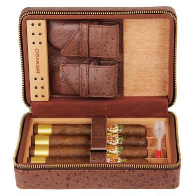 China CIGARISM Cedar Lined Cigar Travel Case Genuine Leather Humidor W/Cutter Spanish Leather Lighter Set Count 4 (Ostrich) for sale