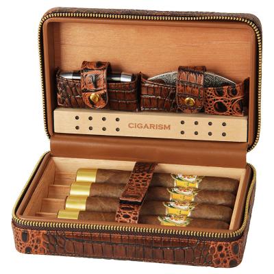 China Crocodile Leather Style CIGARISM Cigar Travel Case Humidor Genuine Leather Lighter Cutter Set 4 Count for sale