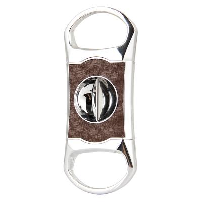 China CIGARISM Chrome Plating V-Cut Casual Genuine Leather Striped Zinc Alloy Cigar Cutter W/Case for sale