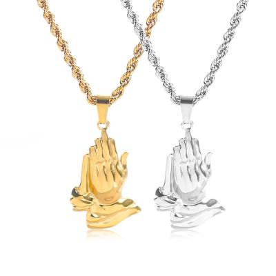 China Long Chain Punk Gold Color Jesus The Praying Hands Pendant Necklaces Brother Gift Stainless Steel Hip Hop Men's Religious Silver Jewelry for sale