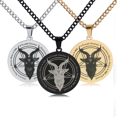 China Vintage Religious Gold Silver Stainless Steel Jewelry Solomon Satan Pentagram Skull Goat Main Statement Necklace for sale