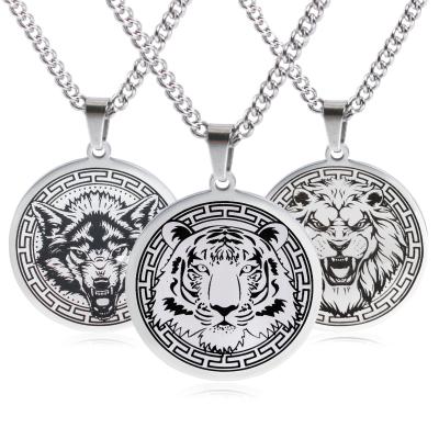 China Male Wolf Tiger Lion Animal Pendant Necklace Stainless Steel Chain Men's Necklaces Punk Statement Jewelry for sale