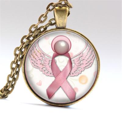 China Vintage Angel Pink Breast Cancer Awareness Ribbon Swirl Heart Necklace Glass Pendant Art Print Jewelry Charm Gifts for Girls and Ladies for sale