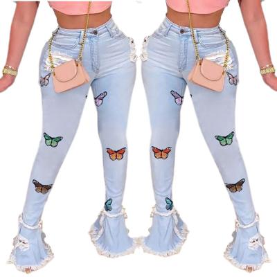 China 2022 Viable Viable Butterfly Embroidered Rocket Waist Boot Cuts Cotton Womens Jeans Latest Pants Light Blue Design for sale