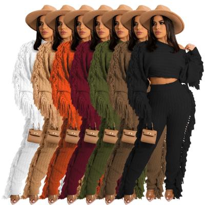 China Anti-Wrinkle Anti-Wrinkle Autumn Winter Deep Knitted Designer Two Pcs Knit 2 Piece Pants Sets Women Sweater Ladies Sweater Sweater Set With Tassel for sale