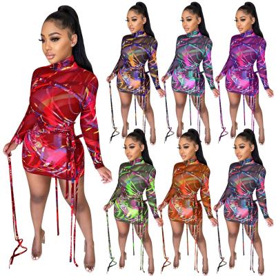 China Viable Print Bandage Mesh Mini Bodycon Dress Women Long Sleeve Turtle Neck See Through Sexy Club Dress Dresses for sale