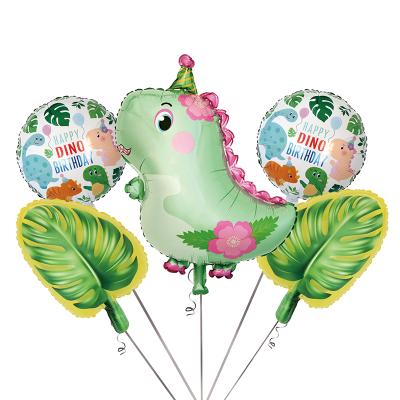 China Gift Toy Cute Cartoon Dinosaur Foil Balloons Set 5pcs Animal Foil Leaves Round Globos For Forest Theme Happy Birthday Party Decoration for sale