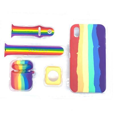 China Anti-drop fashion rainbow color 4 in 1 silicone face case for iwatch bands for earphone case for iphone 12 pro max phone case (red) for sale