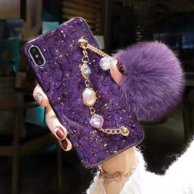 China Anti-drop Bling Glitter Epoxy With Fur Ball Soft Rubber Cell Phone Bumper Case With Hand Strap For iphone 12 for sale