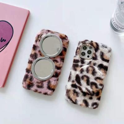 China Handmade Cute Warm Plush Toys Anti-fall Leopard Print Series Cover Device For Iphone 12 Pro Max With Mirror Pendant for sale