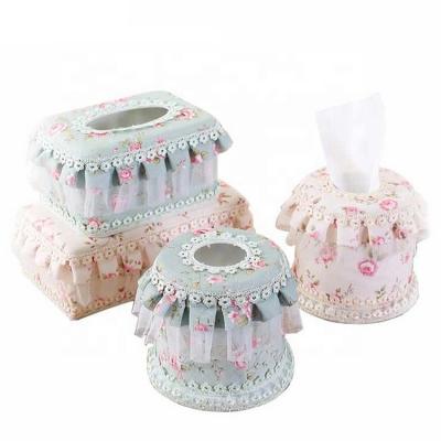 China Wholesale Elegant Design Luxury Embroidered Fabric Antirust Lace Up PP Tissue Facial Paper Plastic Box Cover for sale